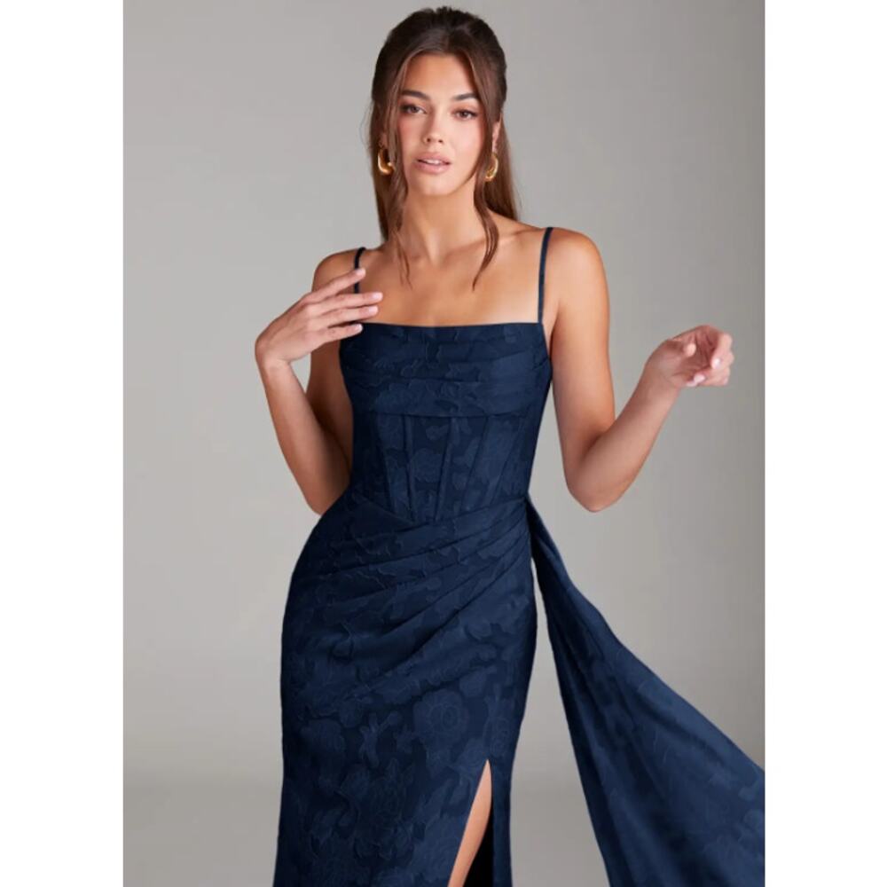 AZAZIE Denisa Floral Corset Draped Bridesmaid Dress Maxi Formal Gown Navy Blue